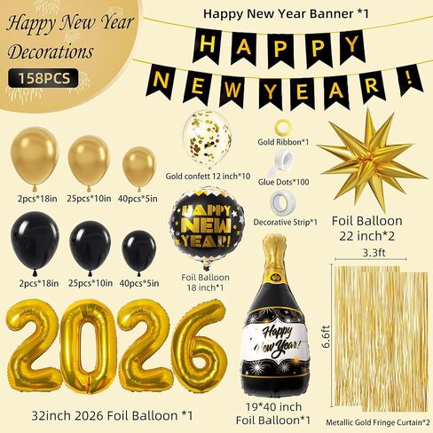 158Pcs New Years Eve Party Supplies Happy New Years Decorations Include 2026 Black Gold Confetti Balloons Fringe Curtain Banner for Nye Party Decorations in Saudi Arabia