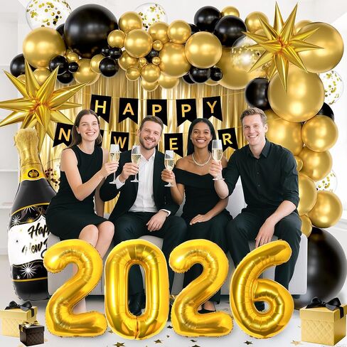 158Pcs New Years Eve Party Supplies Happy New Years Decorations Include 2026 Black Gold Confetti Balloons Fringe Curtain Banner for Nye Party Decorations in Saudi Arabia