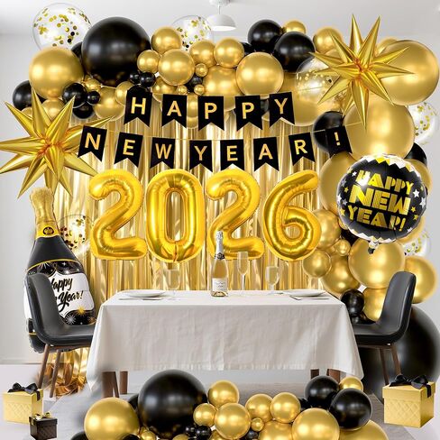 158Pcs New Years Eve Party Supplies Happy New Years Decorations Include 2026 Black Gold Confetti Balloons Fringe Curtain Banner for Nye Party Decorations in Saudi Arabia