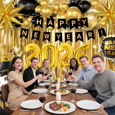 158Pcs New Years Eve Party Supplies Happy New Years Decorations Include 2026 Black Gold Confetti Balloons Fringe Curtain Banner for Nye Party Decorations in Saudi Arabia