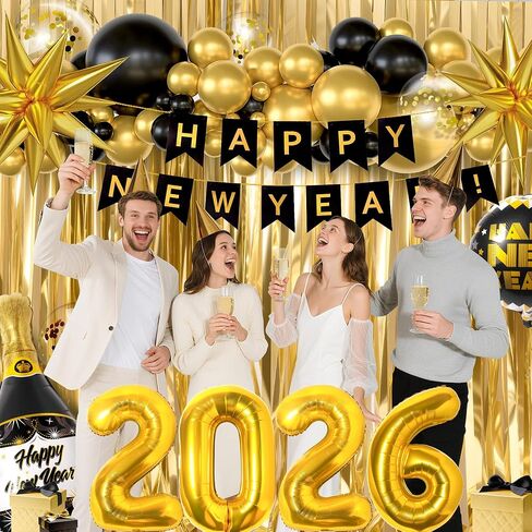158Pcs New Years Eve Party Supplies Happy New Years Decorations Include 2026 Black Gold Confetti Balloons Fringe Curtain Banner for Nye Party Decorations in Saudi Arabia