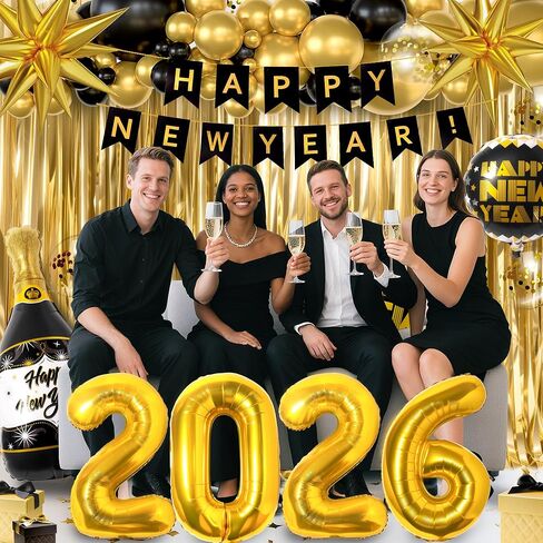 158Pcs New Years Eve Party Supplies Happy New Years Decorations Include 2026 Black Gold Confetti Balloons Fringe Curtain Banner for Nye Party Decorations in Saudi Arabia