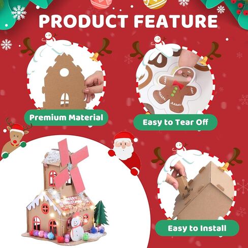 SAYAYA 5 Sets LED Cardboard Christmas Gingerbread House Kits Bulk DIY Your Own Christmas Gingerbread House with Pom Poms, Stickers, Light Strings, Pens Craft Kit for Xmas Holiday Party Decorations in Kuwait