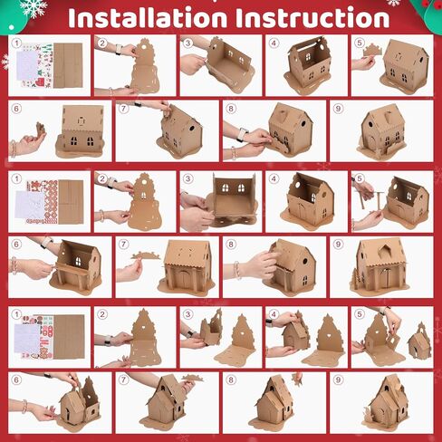 SAYAYA 5 مجموعات LED من الورق المقوى لبيت خبز الزنجبيل لعيد الميلاد بالجملة DIY بيت خبز الزنجبيل لعيد الميلاد الخاص بك مع بوم بومس، ملصقات، سلاسل خفيفة، مجموعة أقلام حرفية لديكورات حفلات عيد الميلاد in Kuwait