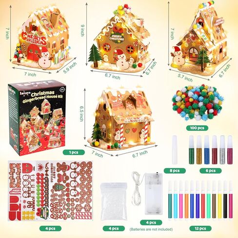 SAYAYA 5 Sets LED Cardboard Christmas Gingerbread House Kits Bulk DIY Your Own Christmas Gingerbread House with Pom Poms, Stickers, Light Strings, Pens Craft Kit for Xmas Holiday Party Decorations in Kuwait