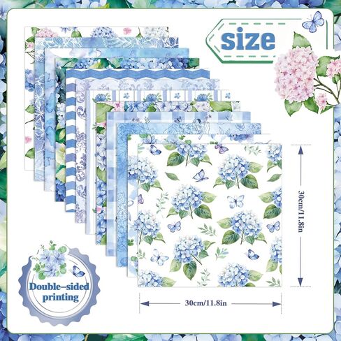Konsait 24 Sheets Hydrangea Scrapbook Paper 12x12, Double Sided Blue Hydrangea Pattern Paper Floral Cardstock Craft Papers Flower Origami Papers for Card Making Kit Scrapbook Supplies in Saudi Arabia