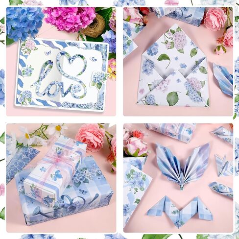 Konsait 24 Sheets Hydrangea Scrapbook Paper 12x12, Double Sided Blue Hydrangea Pattern Paper Floral Cardstock Craft Papers Flower Origami Papers for Card Making Kit Scrapbook Supplies in Saudi Arabia