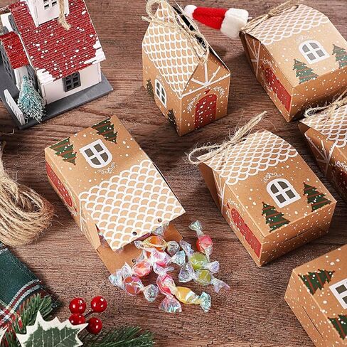 24PCS Christmas Gift Wrap Boxes - Mini House Shaped Gift Bags | Party Favors, Wedding Favor Boxes | Winter Christmas New Year Gifts, Festive Essentials in Saudi Arabia