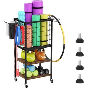 Weight Rack for Dumbbells, Yoga Mat Storage Rack, Home Gym Workout Equipment Storage Organizer, 3-Tier Wooden Dumbbell Rack Weight Stand with Hooks, Yoga Mat Holder with Wheels for Yoga Block