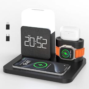 3 in 1 Charging Station for iPhone, Alarm Clock, Night Light, Wireless Charger for iPhone 15 14 13 12 11 X Pro Max & Apple Watch - Charging Stand Dock for AirPods