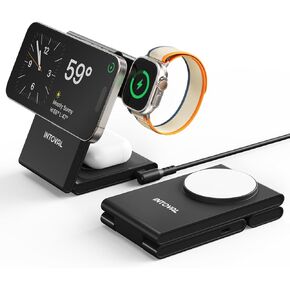 Intoval Magnetic 3-in-1 Charging Station, Mag-Safe Foldable Stand for iPhone 15 Pro to 12 with Standby Mode, Apple Watch and AirPods, Wireless Journey Charger with 20W Fast Charging (M5, Black)