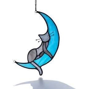 EPONOLOGY Cat on Moon Cat Gifts for Cat Lovers,Sleeping Cat Stained Glass Suncatcher for Window Gifts,Grey Cat Stained Glass Window Hangings,Funny Cat Themed Gifts for Women,Mom,Girls in Saudi Arabia