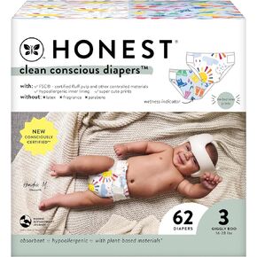 شركة صادقة حفاضات نظيفة واعية | نباتي ومستدام | مطبوعات طبعة محدودة | صندوق النادي، مقاس 3 (16-28 رطلاً)، 62 قطعة in Kuwait