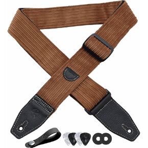 YIKOKO Guitar Strap 2 inch Corduroy Guitar Straps with Full Grain Leather End, for Bass Electric and Acoustic Guitars, Free Strap Button, 2 Strap Locks and 4 Guitar Picks