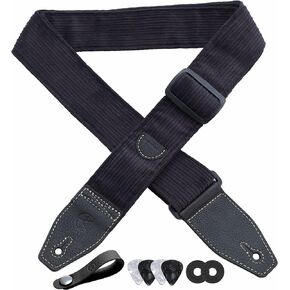 YIKOKO Guitar Strap 2 inch Corduroy Guitar Straps with Full Grain Leather End, for Bass Electric and Acoustic Guitars, Free Strap Button, 2 Strap Locks and 4 Guitar Picks