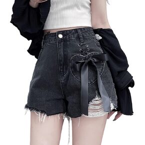 RILGOU Women Y2K Harajuku Style Kawaii Pastel Goth Fashion Casual A-Line Vintage Ribbon Ripped Trim Jeans Shorts