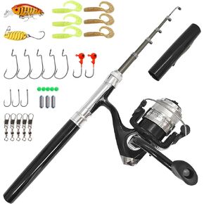 Portable Mini Small Fishing Rod and Spinning Reel Combos, Compact 38inch Pocket Pen Fishing Pole Telescopic with Line Lures Hooks for Raft, River, Lake, Ice Fishing and So On