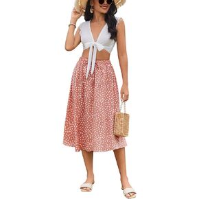 Bluetime Women Floral Print Midi Skirts Chiffon Summer Beach Pleated Elastic High Waisted A Line Skirts