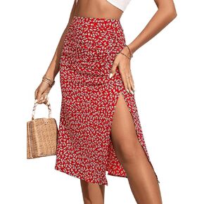 OYOANGLE Women's Boho Floral Print High Waisted A Line Split Thigh Summer Midi Skirt