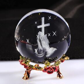 Ornalrist 60MM Crystal Ball Engraved 3D Hand Holding A Cross Figurine with Rose Stand Praying Religious Gifts for Women, Christian Gifts for Friend Glass Paperweight Home Decorations (2.36 in.)