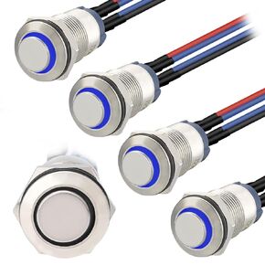 STARELO 5pcs 12mm Momentary led Push Button Switch Black Shell with pre-Wiring, IP65 Waterproof Push Button Switch,1NO 1 Normally,Self-resetting with LED(Blue).
