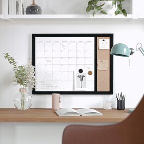 Martha Stewart Everette Magnetic Dry Erase Monthly Calendar and Cork Board Combo with Included Marker, Magnets, and Push Pins, 24"x18", White Woodgrain Frame