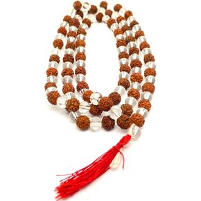 NAISHA Rudraksha & Crystal Sphatik Mala 108 +1 Beads Necklace, Natural 5 Faced Himalaya Rudraksh Prayer Bead, Wrist Wrap Jaap Mala, Size 7 mm (1 Pack)