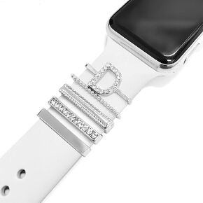 5Pcs Charms for Apple Watch band 41mm 45mm 40mm 44mm 38mm 42mm Women,Diamond+Metal Jewelry Decorative Ring Loops For iWatch series 8 7 6 5 4 3 2 se,Galaxy watch 5/4,Silicone strap Charm Accessories