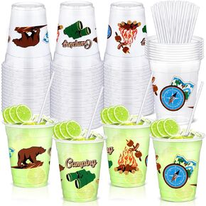 Sliner 50 Pcs Camping Cups Bulk Camping Theme Plastic Cups with Straws 12 oz Camping Stadium Clear Disposable Cups for Coffee Tea Beverage Birthday Shower Wedding Party Holiday Decoration Supplies
