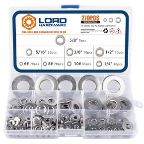 LordHardware 270PCS Stainless Steel SAE Flat Washers Assortment Hardware Kit 5/8'' 1/2'' 3/8'' 5/16'' 1/4'' 6# 8# 10# (Silver)