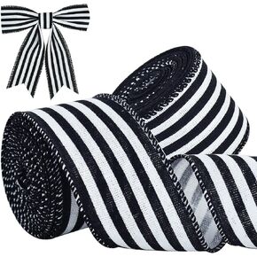 TONIFUL 2 Rolls-2 Inch Black Striped Wired Ribbon, Black and White Stripe Wired Ribbon for Gift Wrapping, Indoor, Bows Making, Wedding Birthday Party Decoration (6yds/roll)