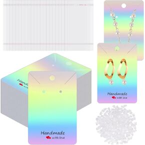 Teling 1600 Pcs Iridescent Earring Cards for Selling Set Including 400 Pcs Earring Holder Cards, 400 Earring Packaging and 800 Pcs Earring Back, for Necklace/jewelry Display, Jewelry Packaging