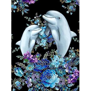 WSLWXSHM Diamond Painting Kits for Adults, Dolphin Round Full Drill Diamond Art Kits, 5D DIY Paint with Diamonds Crafts for Home Wall Decoration Gifts 12×16Inch, Flower
