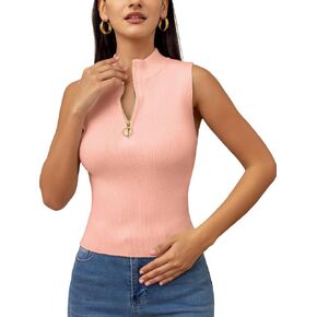 Lanliun Trendy Top for Womens Zipper Knit Crop Tops Slim Fit Sweater Sleeveless Fashion Tank