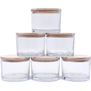 SHOWIN 18 OZ Thick Candle Jars for Making Candles 6 Pcs, Empty Jars with Wood Lids for Candle Making, Sample Container,Clear Brown