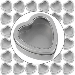 ZEONHAK 40 Pack 2oz Metal Tin Cans, Empty Candle Tins with Clear Window Lids, Heart Shaped Metal Tins Candle Jars Candle Containers for Candle Making, Candies, Gifts and Treasures, Silver