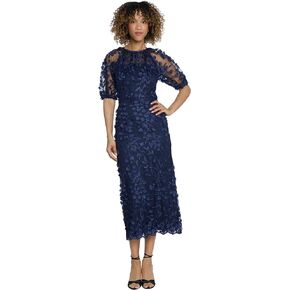 Maggy London Elegant Illusion Neck Elbow Sleeves Midi Cocktail Dresses for Women