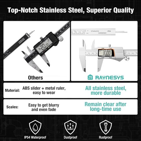 Raynesys Digital Caliper 8 inch 200mm Micrometer Caliper All Stainless Steel Electronic Diameter Measuring Tool with Large LCD Screen for Household/Jewelers/DIY in Saudi Arabia