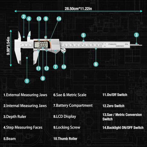 Raynesys Digital Caliper 8 inch 200mm Micrometer Caliper All Stainless Steel Electronic Diameter Measuring Tool with Large LCD Screen for Household/Jewelers/DIY in Saudi Arabia