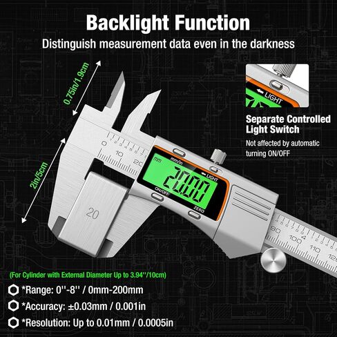 Raynesys Digital Caliper 8 inch 200mm Micrometer Caliper All Stainless Steel Electronic Diameter Measuring Tool with Large LCD Screen for Household/Jewelers/DIY in Saudi Arabia