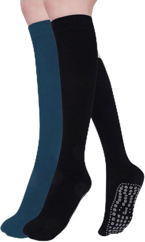 جوارب اليوغا JUCHYDii مع مقابض للنساء، جوارب طويلة غير قابلة للانزلاق للبيلاتس والبار والتدريبات والمستشفى (أسود/رمادي) in Kuwait