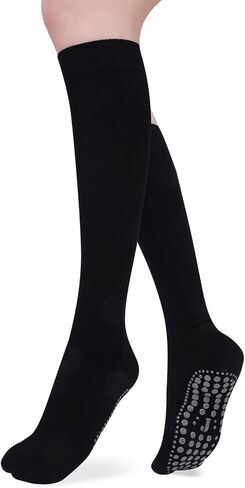 جوارب اليوغا JUCHYDii مع مقابض للنساء، جوارب طويلة غير قابلة للانزلاق للبيلاتس والبار والتدريبات والمستشفى (أسود/رمادي) in Kuwait