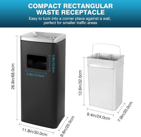 IRONWALLS سلة المهملات الداخلية والخارجية، علبة قمامة تجارية من الفولاذ المقاوم للصدأ باللون الأسود مع غطاء، حاوية نفايات صناعية، وعاء قمامة مزخرف للفناء ومركز التسوق والمكتب in Kuwait