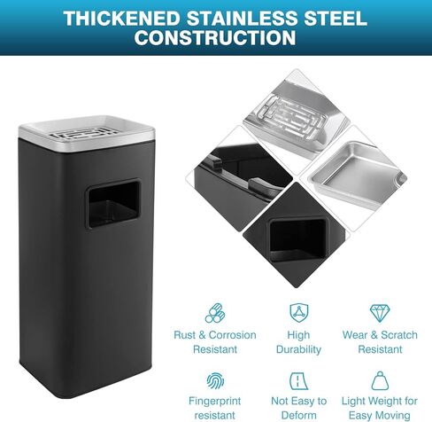 IRONWALLS سلة المهملات الداخلية والخارجية، علبة قمامة تجارية من الفولاذ المقاوم للصدأ باللون الأسود مع غطاء، حاوية نفايات صناعية، وعاء قمامة مزخرف للفناء ومركز التسوق والمكتب in Kuwait