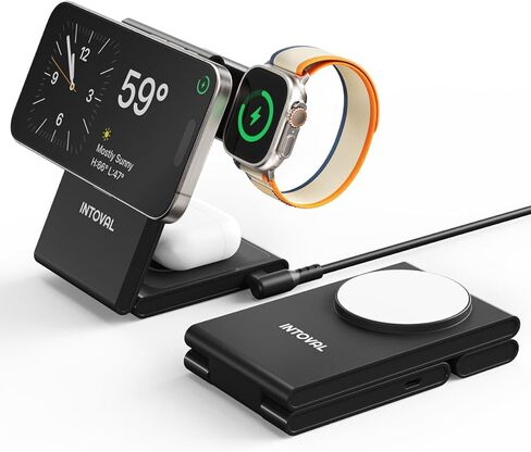 Intoval Magnetic 3-in-1 Charging Station, Mag-Safe Foldable Stand for iPhone 15 Pro to 12 with Standby Mode, Apple Watch and AirPods, Wireless Journey Charger with 20W Fast Charging (M5, Black) in Saudi Arabia