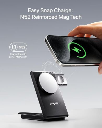 Intoval Magnetic 3-in-1 Charging Station, Mag-Safe Foldable Stand for iPhone 15 Pro to 12 with Standby Mode, Apple Watch and AirPods, Wireless Journey Charger with 20W Fast Charging (M5, Black) in Saudi Arabia