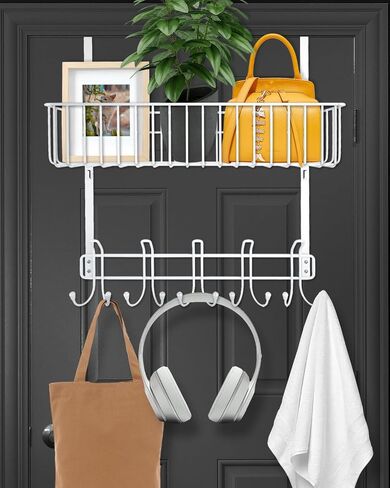 Rumara Over The Door Hooks, Towel Racks with Basket, Over The Door Hanger for Coat Clothes & Bag, Back of Door Organizer Hanging for Bathroom Bedroom & Closet, Behind Door Shelves in Saudi Arabia