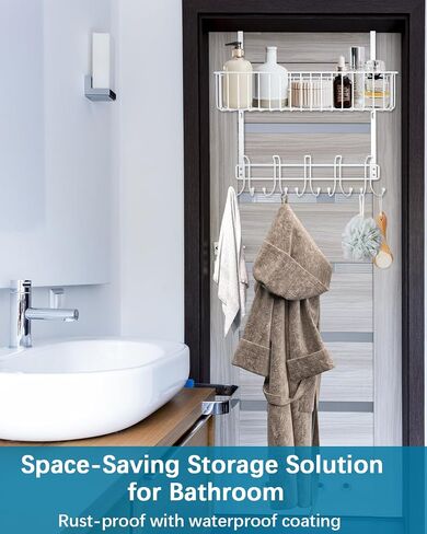 Rumara Over The Door Hooks, Towel Racks with Basket, Over The Door Hanger for Coat Clothes & Bag, Back of Door Organizer Hanging for Bathroom Bedroom & Closet, Behind Door Shelves in Saudi Arabia