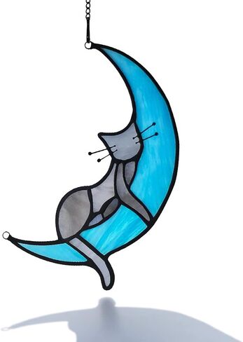EPONOLOGY Cat on Moon Cat Gifts for Cat Lovers,Sleeping Cat Stained Glass Suncatcher for Window Gifts,Grey Cat Stained Glass Window Hangings,Funny Cat Themed Gifts for Women,Mom,Girls in Saudi Arabia