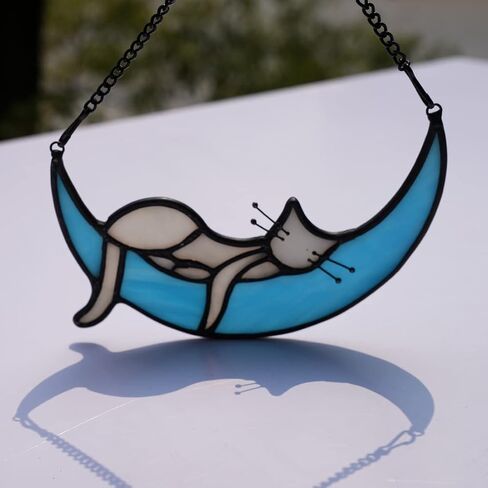 EPONOLOGY Cat on Moon Cat Gifts for Cat Lovers,Sleeping Cat Stained Glass Suncatcher for Window Gifts,Grey Cat Stained Glass Window Hangings,Funny Cat Themed Gifts for Women,Mom,Girls in Saudi Arabia